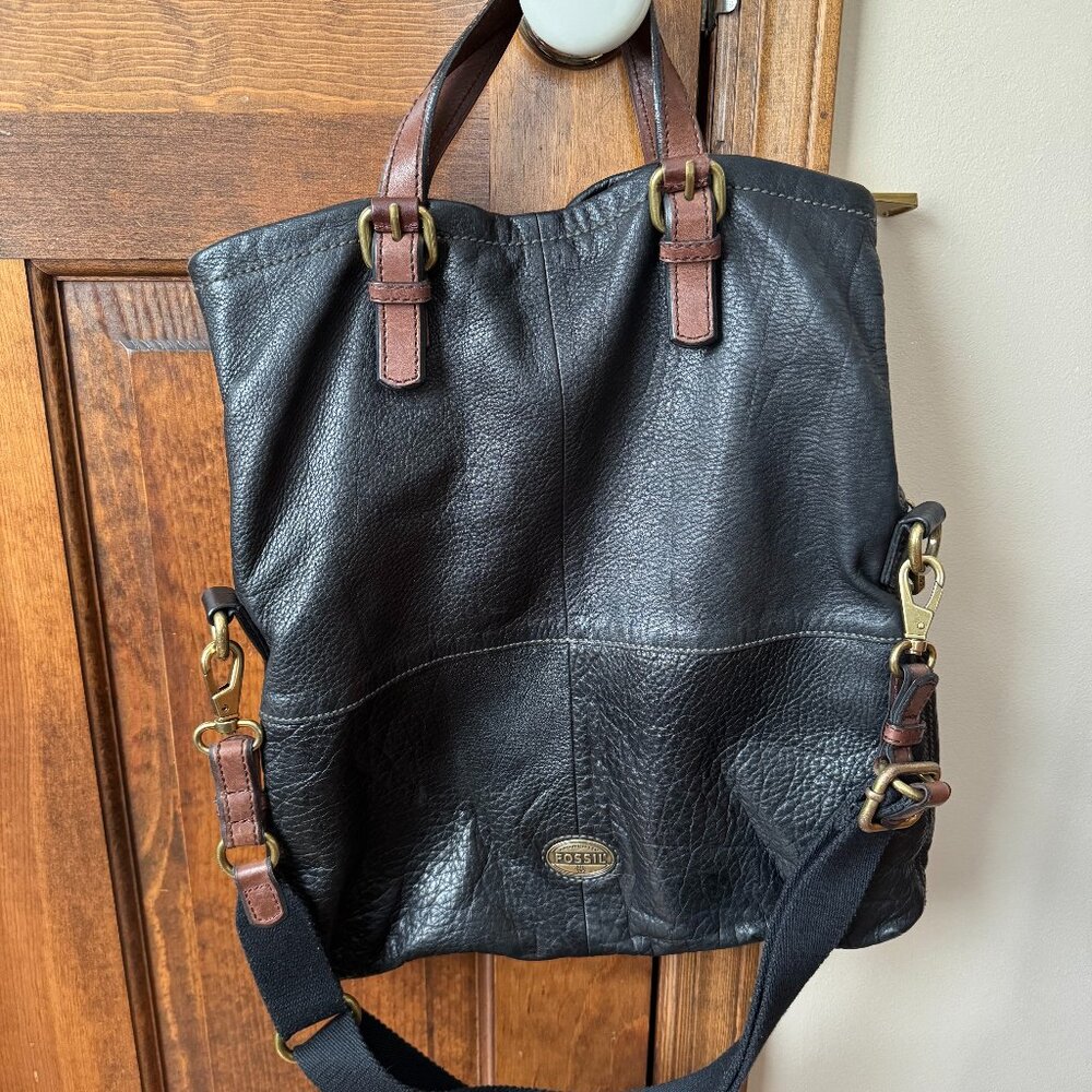 Fossil Black Pebbled Leather w/Brown Straps Explorer Shoulder/Crossbody Bag